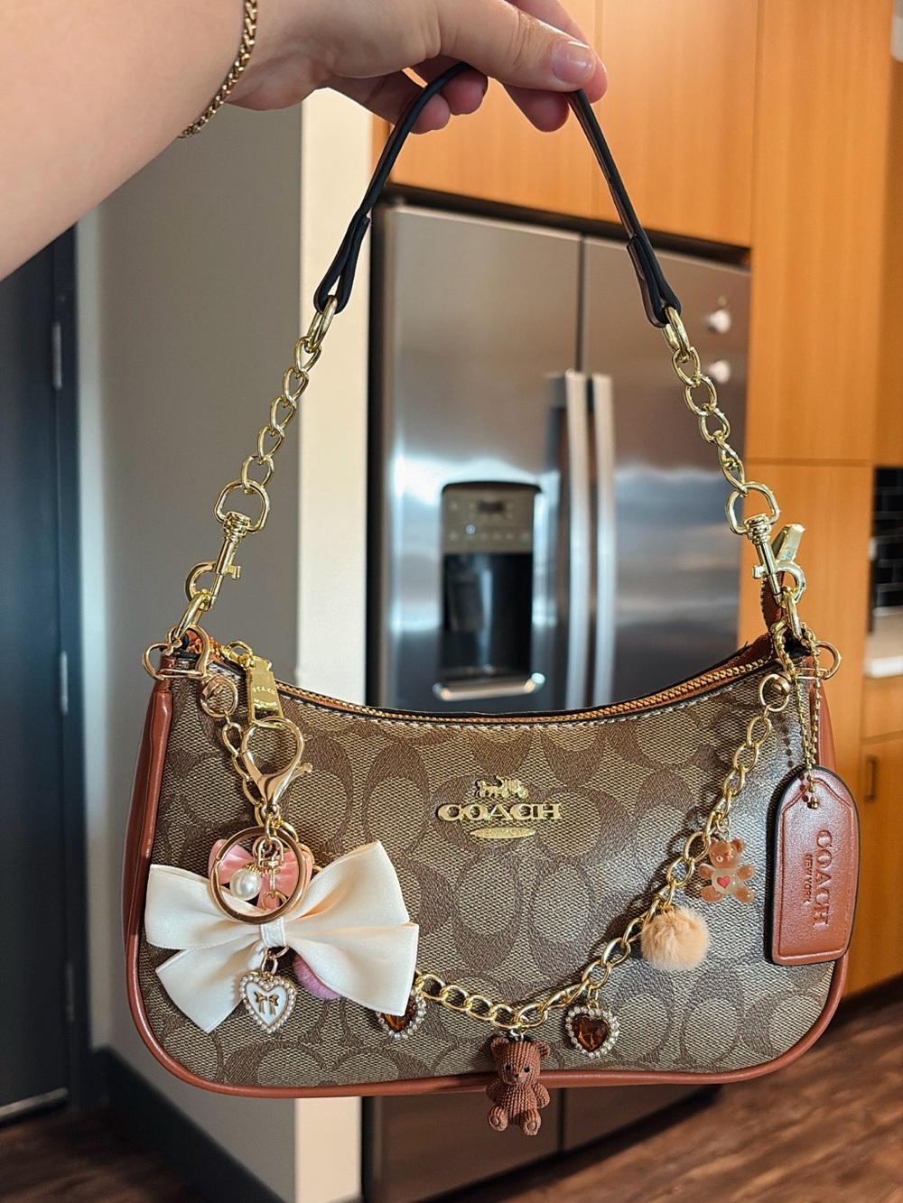 Coach Brown Signature Canvas Mini Shoulder Bag with Charm Accents